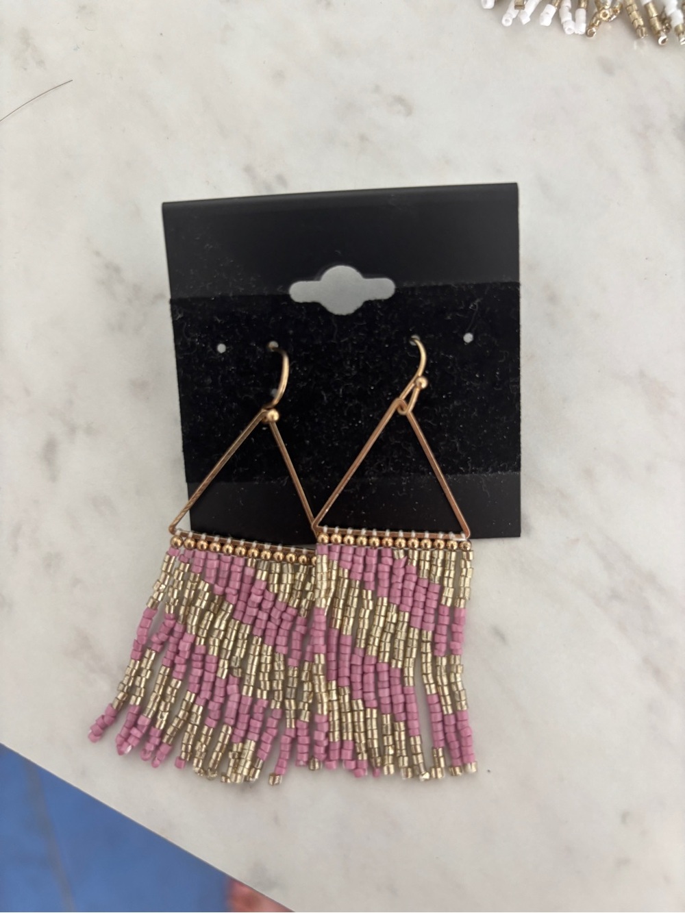 Beaded Fringe Drop Earrings - Pink and Gold